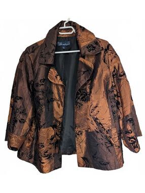 Susan Graver 1X Baroque Floral Blazer Copper Espresso Shimmer Jacket Open-Front